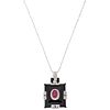 CHOKER AND PENDANT WITH RUBI, ONYX AND DIAMONDS. 18K AND 14K WHITE GOLD