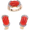 RING AND EARRINGS SET WITH CORAL AND DIAMONDS. 14K YELLOW GOLD