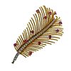 18k Gold Diamond Ruby Feather Brooch Pin