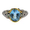 18K Gold Diamond Aquamarine Emerald Enamel Ring