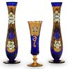 (3 Pc) Blue Bohemian Glass Gilded Vases