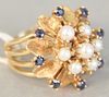 14k gold cocktail ring set with sapphires and pearls, size 6 1/4, 9.9 gr.