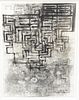 David Dupuis (b.1959), ink and watercolor on paper, maze-like motifs layered, framed and matted under glass, 12 1/4" x 9".