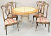 Contemporary dinette set with shaped top table and four chairs plus one 10" leaf, 31" h., top 48" x 46".
