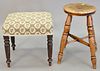 Two stools, including: one with tapered turned legs and embroidered cushion, 15"; and one with turned legs, "X" stretcher, and round seat, 18", Proven