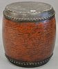 Barrel form drum, red painted body, ring handles to either side, 18 1/2" h. x 17" diam.
