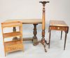 Four piece lot to include walnut table having tressel style base with fish scale design, 30 1/2" h., top 26" x 51" along with carved pedestal, three t