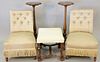 Five piece lot to include pair of silk upholstered slipper chairs, continental style walnut ottoman and two stands, 35" h.