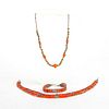 2 CORAL AND SILVER TONE METAL NECKLACES, BRACELET