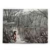 ACRYLIC PAINTING OF YOUNG LADY IN RIVER HOLDING FROGS