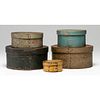 Five Bentwood Pantry Boxes in Blue, Gray and Mustard Paint