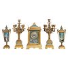 French Bronze and Champleve Cloisonne Enamel Five-Piece Clock Garniture Set