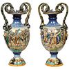 Imposing Pair of Large Antique Italian Majolica Snake-Handled Vases