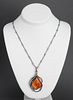 Mid-Century Modern Silver & Amber Pendant Necklace