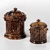 Two Cylindrical Rockingham-glazed Covered Biscuit Jars