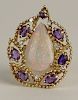 Vintage Pear Shape White Opal and 14 Karat Yellow Gold Ring/Pendant with Oval Cut Amethyst and Round Cut Diamond Accents