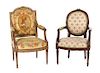 Two Louis XVI Style Fauteuils Height of larger 39 1/2 x width 24 1/2 x depth 19 inches.