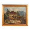 VINTAGE OIL PAINTING, HOUSE NEXT TO BROOK
