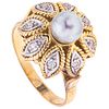 CULTURED PEARL AND DIAMONDS RING. 18K YELLOW AND WHITE GOLD