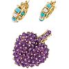 PENDANT AND EARRINGS WITH AMETHYSTS, CULTURED PEARLS AND TURQUOISE. 14K YELLOW GOLD