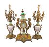 A Sevres Style Gilt Bronze Mounted  Porcelain Clock Garniture Retailed by Tiffany & Co.