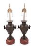 A Pair of Neoclassical Bronze and Marble Urns Mounted as Lamps