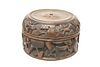 TRIBAL: A CARVED HARDWOOD BOX, circular with dished lid, carved with figure