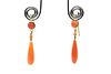 A PAIR OF CORAL PENDENT EARRINGS  Each articulated drop issuing from a col