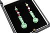 A PAIR OF JADEITE, RUBY AND DIAMOND PENDENT EARRINGS 
 Each drop carved as 