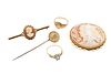 A collection of yellow gold and other jewellery, to include two cameo brooc