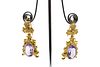 A PAIR OF AMETHYST AND SEED PEARL PENDENT EARRINGS
 The leaf-shaped surmoun