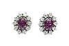 A PAIR OF RUBY AND DIAMOND CLUSTER EARRINGS
 The claw-set cushion-shaped ru