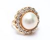 Vintage 14K Yellow Gold Mabe Pearl & Diamond Ring