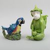 Staffordshire Porcelain Blue Macaw Form Teapot and a French Green Monkey Form Spill Vase