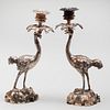 Pair of Silvered-Metal Ostrich Candlesticks