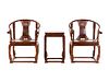 A Set of Two Huanghuali Armchairs and One Side Table Height of chair 40 x width 26 1/2 x depth 21 in., 101.6 x 67.3 x 53.3 cm.
