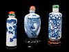 Three Blue and White Porcelain Snuff Bottles
Largest: height 3 in., 8 cm. 