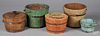 Five painted buckets and advertising pails