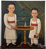 Oil on canvas folk portrait of two children