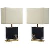 Pair of Large Mid Century J.C. Mahey Black Lacquer and Brass Table Lamps 1970s