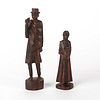 2 HAND CARVED WOODEN FIGURES, MAN AND WOMAN WITH BABY