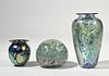 Two art glass vases signed Eickholt with a paperweight