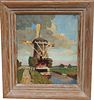 Signed, 20th C. Painting of Windmill Near River