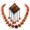 (2 Pc) Amber Necklace and Brooch