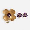 Amethyst, diamond, and gold clover brooch and earrings