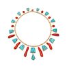 Gold, Turquoise, and Coral Collar Necklace
diameter 15 3/4 inches, weight 50.25 dwt.