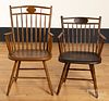 Two ochre painted birdcage Windsor armchairs