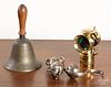 Brass bell, solar lamp, & bells.