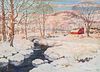 William Chadwick (American, 1879-1962)      Snowy Landscape with Red Barn and Stream
