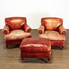 Pair George Smith leather club chairs and ottoman